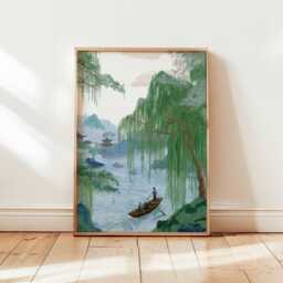 Chinese Landscape Wall Art, Willow River Boat Poster, Oriental Nature Print, Traditional Mountain Scene, Unframed Zen Decor - thumbnail 1