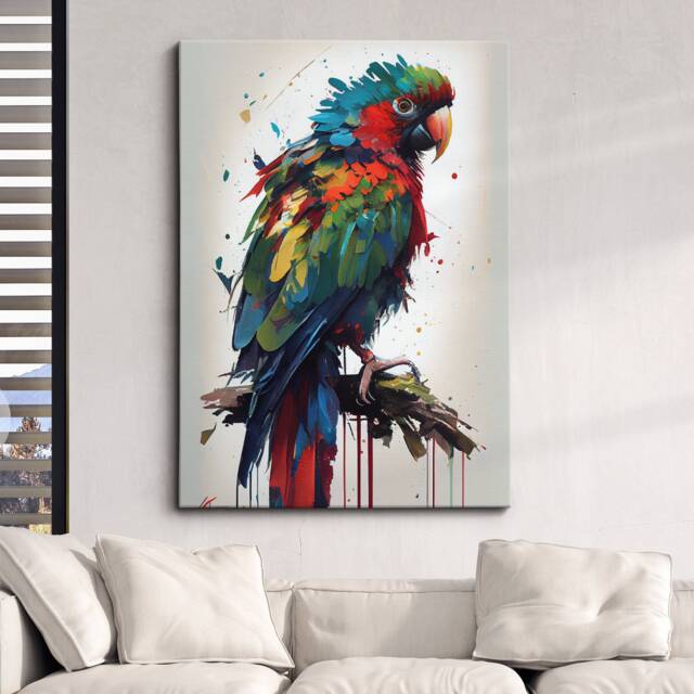 Colorful Parrot Bird Abstract Oil Painting Splatter Style Wall Art, Framed Canvas Poster Print, Home Kitchen Office Room Decor, Gifts - image 1