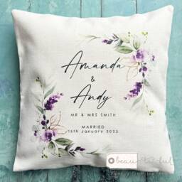 Personalised Wedding Gift Just Married Mr Mrs Home Newlyweds Bride & Groom Purple Lavender Foliage Greenery Linen Style Cushion Cover