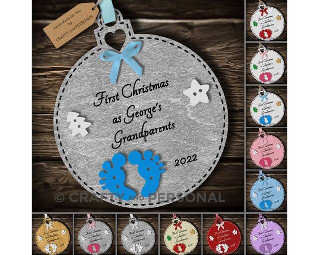 Personalised Baby's 1st First Christmas As Grandparets Wooden Bauble Tree Ornament Gift For Boy Or Girl Grandpa & Grandma - image 1