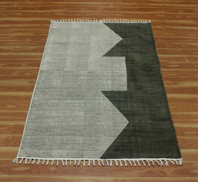 Handmade Cotton Kilim Rug Green, Brown Block Print, 5x7 Ft To 9x12 - image 1