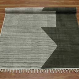 Handmade Cotton Kilim Rug Green, Brown Block Print, 5x7 Ft To 9x12 - thumbnail 3