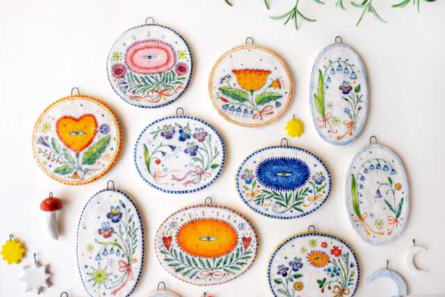 Bohemian Floral Ethnic Ornament On A Miniature Ceramic Tile, Botanical Flower Illustration Pottery Minimalist Wall Art Hanging - image 1