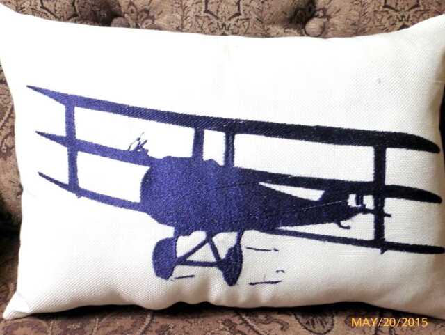 Blue & White Airplane Pillow, Embroidered Antique Biplane - image 1