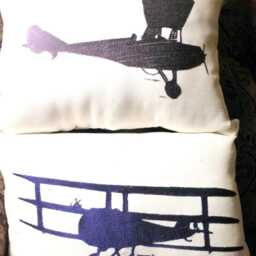 Blue & White Airplane Pillow, Embroidered Antique Biplane - thumbnail 3