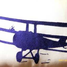 Blue & White Airplane Pillow, Embroidered Antique Biplane - thumbnail 4