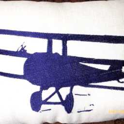 Blue & White Airplane Pillow, Embroidered Antique Biplane - thumbnail 2