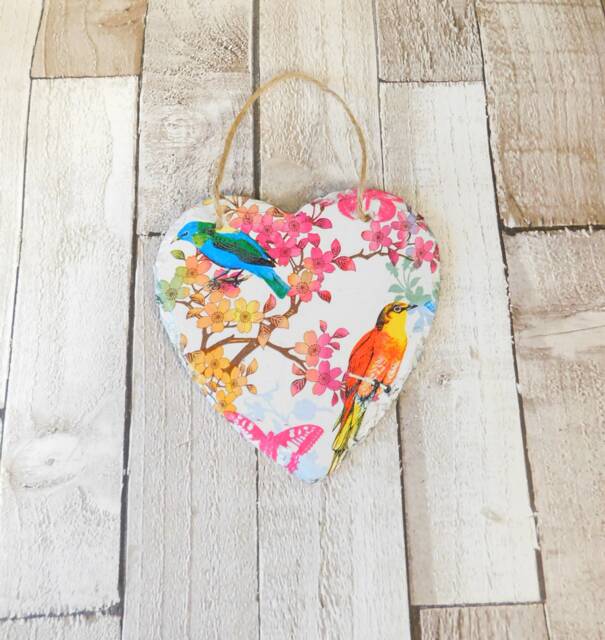 Tropical Birds Slate Heart Plaque Decoupage Wall Decor - 15cm - image 1