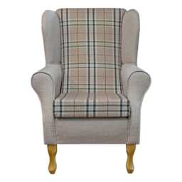 Handmade Tartan Wingback Armchair Beige Fireside Accent Chair - thumbnail 2