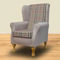 Handmade Tartan Wingback Armchair Beige Fireside Accent Chair - thumbnail 1