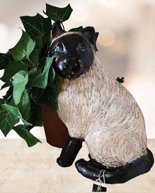 Paper Mache Clay Cat Sculpture - Bandit The Siamese - image 1