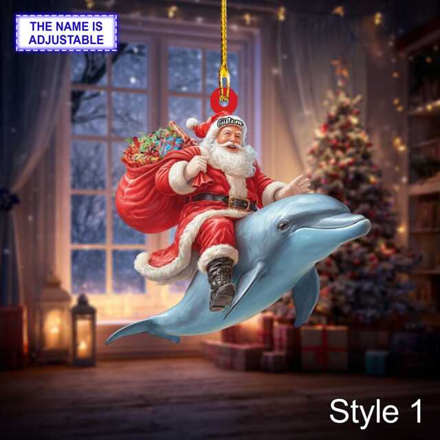 Santa Riding Dolphin Acrylic 2D Flat Christmas Ornament, Festive Tree Hanging Holiday Decoration, Unique Dolphin Gift - image 1