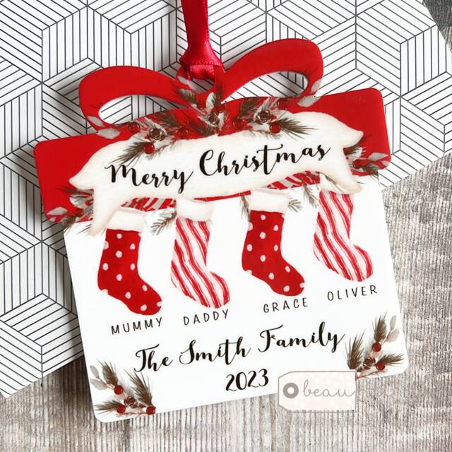 Personalised Merry Christmas Family Gift Stockings Greenery Present Shaped Acrylic Ornament Keepsake - image 1
