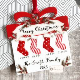 Personalised Merry Christmas Family Gift Stockings Greenery Present Shaped Acrylic Ornament Keepsake