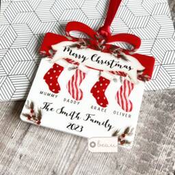 Personalised Merry Christmas Family Gift Stockings Greenery Present Shaped Acrylic Ornament Keepsake - thumbnail 2