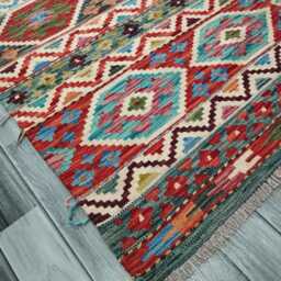 Tribal Kilim Rug, Handmade Artisan Afghan Turkish, Scandinavian, Navajo, Bohemian Flatweave, Natural Wool Multicolour Rug 197x148 cm - thumbnail 3