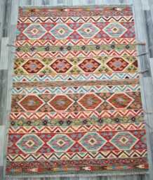 Tribal Kilim Rug, Handmade Artisan Afghan Turkish, Scandinavian, Navajo, Bohemian Flatweave, Natural Wool Multicolour Rug 197x148 cm - thumbnail 1