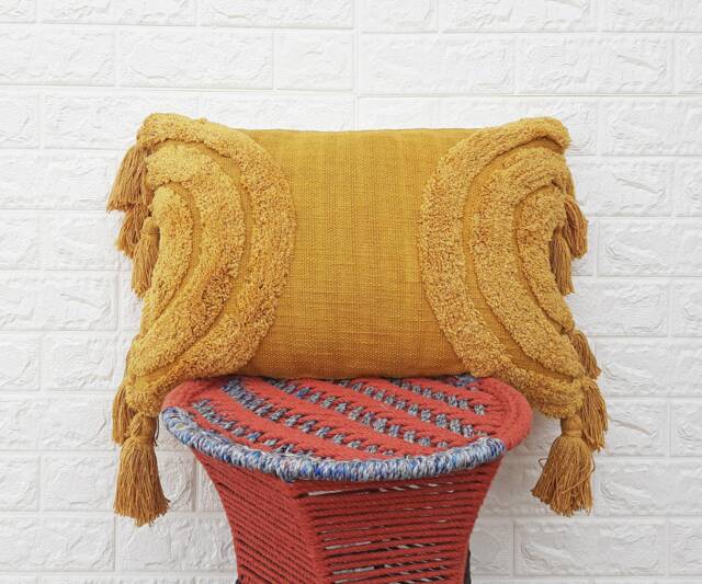 Mustard Yellow Tassel Pillow Cover Boho Textured Case Tufted Embroidered Pillows 14x20 Cushion Lumber - image 1