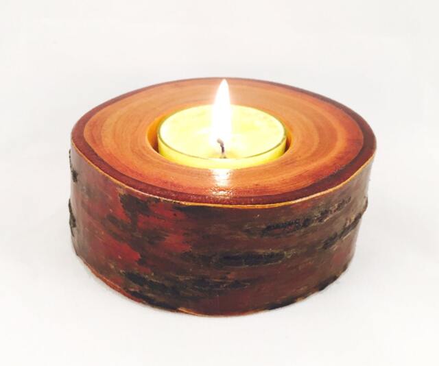 Rare Copper Birch Wood Tealight Candle Holder - Cherry