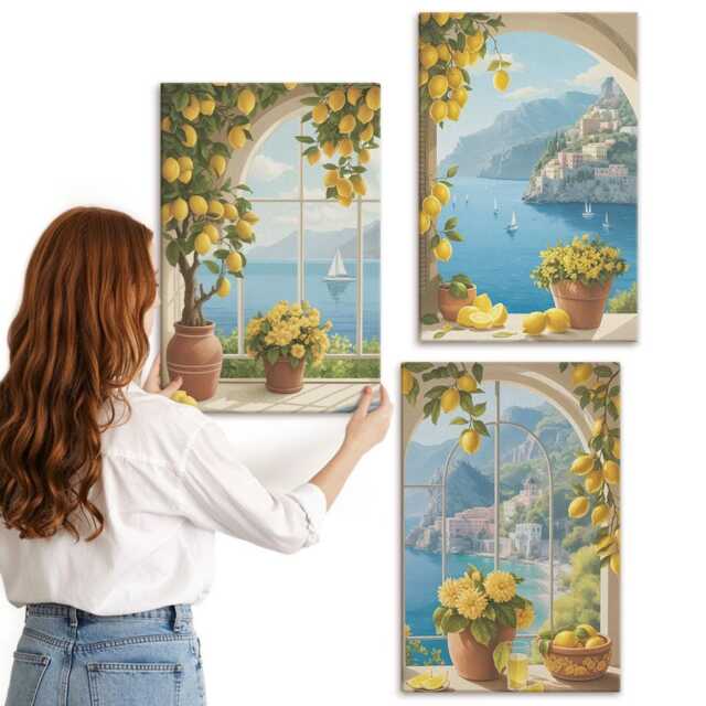 Canvas Set Of 3 - Seascapes With Italian Lemons in The Windows, Blue Picture Print, Landscapes Wall Decor - image 1