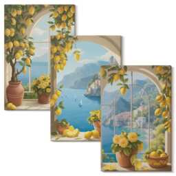 Canvas Set Of 3 - Seascapes With Italian Lemons in The Windows, Blue Picture Print, Landscapes Wall Decor - thumbnail 2