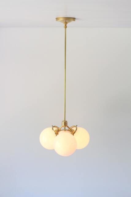 Brass Chandelier Pendant Light, Modern Industrial Hanging Ceiling Mount Lighting Fixture, 3 White Glass Bubble Globes, Free Shipping - image 1