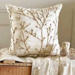 Ivory Art Silk Jute, Mother Of Pearl Embroidered Nature & Floral 16x16 Contemporary Throw Pillow Cover - Jute Willow - thumbnail 1