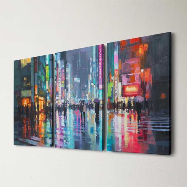 Tokyo Street Scene 3 Panel Split Canvas Wall Art Neon Signs in Rain Japan Cityscape Oil Painting Framed Home Decor Travel Gift - image 1