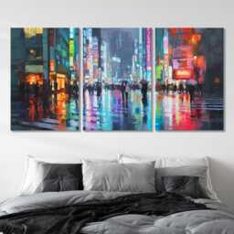 Tokyo Street Scene 3 Panel Split Canvas Wall Art Neon Signs in Rain Japan Cityscape Oil Painting Framed Home Decor Travel Gift - thumbnail 2