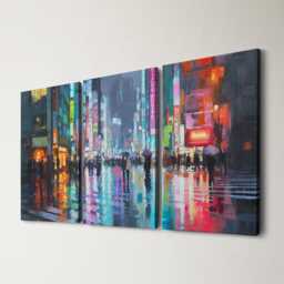 Tokyo Street Scene 3 Panel Split Canvas Wall Art Neon Signs in Rain Japan Cityscape Oil Painting Framed Home Decor Travel Gift - thumbnail 1