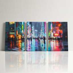 Tokyo Street Scene 3 Panel Split Canvas Wall Art Neon Signs in Rain Japan Cityscape Oil Painting Framed Home Decor Travel Gift - thumbnail 3