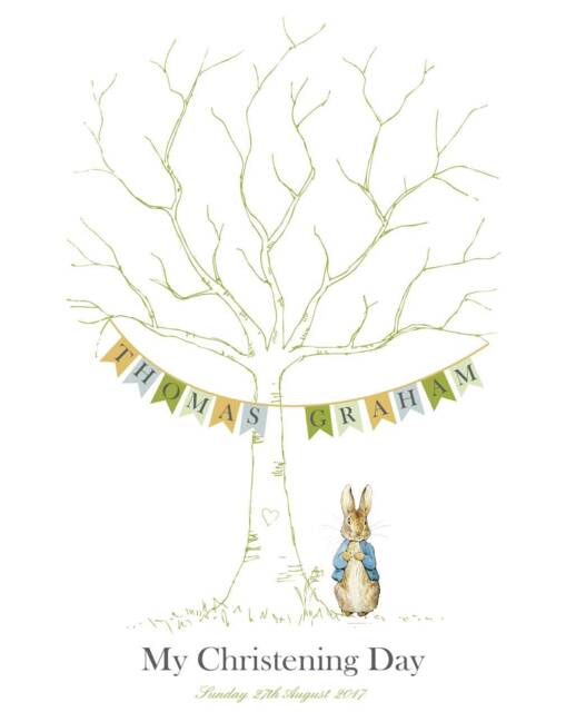 Peter Rabbit Christening Fingerprint Tree, Christening Day, Guest Book, Stationery, Rabbit - image 1