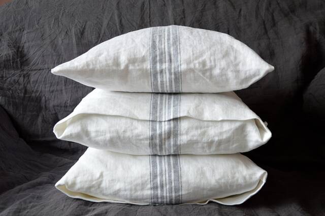 Heavyweight Linen Throw Pillow Cover - White With Grayish Blue Stripes - image 1
