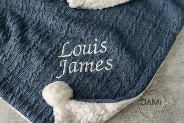 Personalised Embroidered Steel Blue Baby Blanket - Cable Knit Blanket/Sherpa Reverse New Gift Pram - image 1