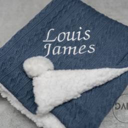 Personalised Embroidered Steel Blue Baby Blanket - Cable Knit Blanket/Sherpa Reverse New Gift Pram - thumbnail 4