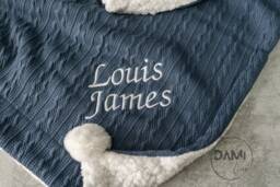 Personalised Embroidered Steel Blue Baby Blanket - Cable Knit Blanket/Sherpa Reverse New Gift Pram - thumbnail 1