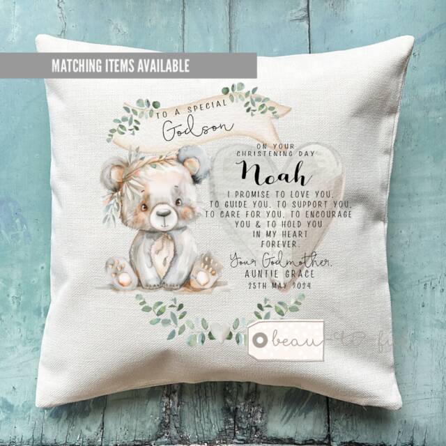 Personalised Christening Baptism Gift Promise To Godchild Godson Goddaughter Teddy Bear Greenery Linen Style Cushion Godparent Godmother - image 1