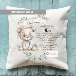 Personalised Christening Baptism Gift Promise To Godchild Godson Goddaughter Teddy Bear Greenery Linen Style Cushion Godparent Godmother - thumbnail 2