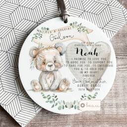 Personalised Christening Baptism Gift Promise To Godchild Godson Goddaughter Teddy Bear Greenery Linen Style Cushion Godparent Godmother - thumbnail 4