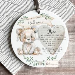 Personalised Christening Baptism Gift Promise To Godchild Godson Goddaughter Teddy Bear Greenery Linen Style Cushion Godparent Godmother - thumbnail 3