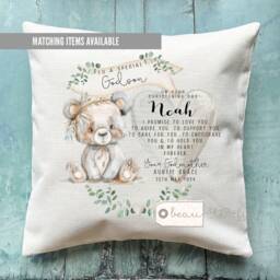 Personalised Christening Baptism Gift Promise To Godchild Godson Goddaughter Teddy Bear Greenery Linen Style Cushion Godparent Godmother - thumbnail 1