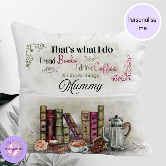 Personalised Pocket Reading Book Cushion, That's What I Do Cushion Gifts, Tea & Loving Reading Pillow, Bedroom Decor, Unique Cushion - image 1