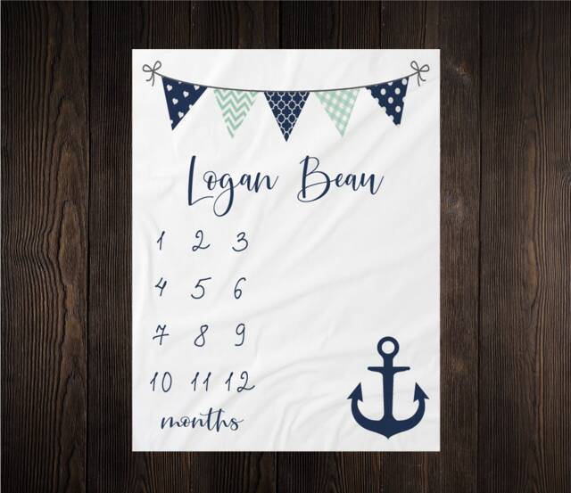 Nautical Boy Milestone Blanket Month Baby Growth Tracker Soft Fleece Shower Newborn Gift Watch Me Grow - image 1