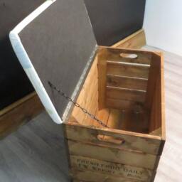 Large Rustic Wooden Storage Crate - Upholstered Fabric Lid Seat - thumbnail 2