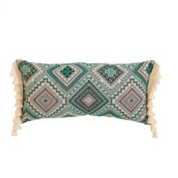 Sea Green Mosaic Bolster With Fringe, Cotton Pillow, Sofa Cushion, Decorative Pillow For Living Room, Bedroom, Exclusive Pillows - thumbnail 4