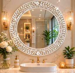 Handmade Mother Of Pearl Inlay Grey Floral Designer Round Mirror Frame With Complimentary