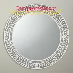Handmade Mother Of Pearl Inlay Grey Floral Designer Round Mirror Frame With Complimentary - thumbnail 2