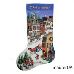 Personalised Christmas Stocking With Embroidered Village Mantelpiece Decor Family Stockings Custom Cross Stitch Ready To Ship - thumbnail 2