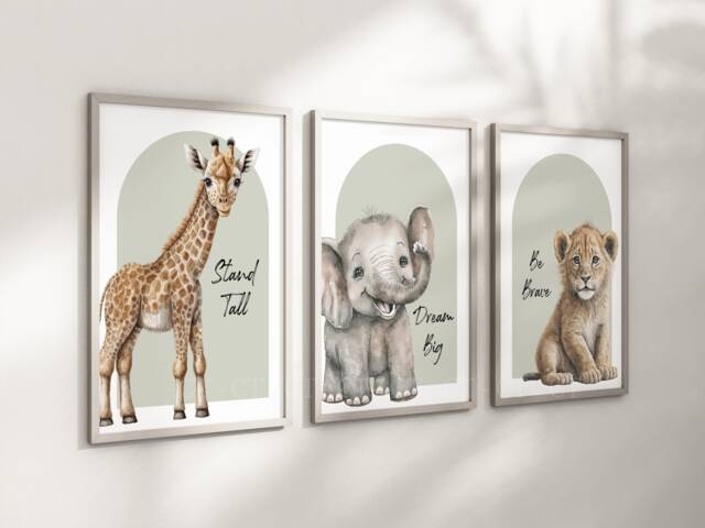 Safari Elephant Giraffe Lion Animal Baby Girls Boys A4 Or A3 Nursery Set Of Unframed Prints Unisex Neutral Boho Quote Beige Green Jungle - image 1