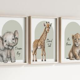 Safari Elephant Giraffe Lion Animal Baby Girls Boys A4 Or A3 Nursery Set Of Unframed Prints Unisex Neutral Boho Quote Beige Green Jungle - thumbnail 3